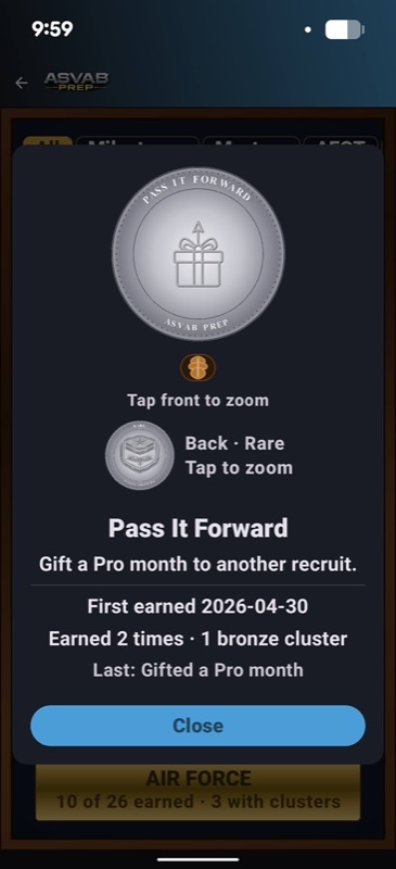 Pass It Forward challenge coin — gift a Pro month to another recruit