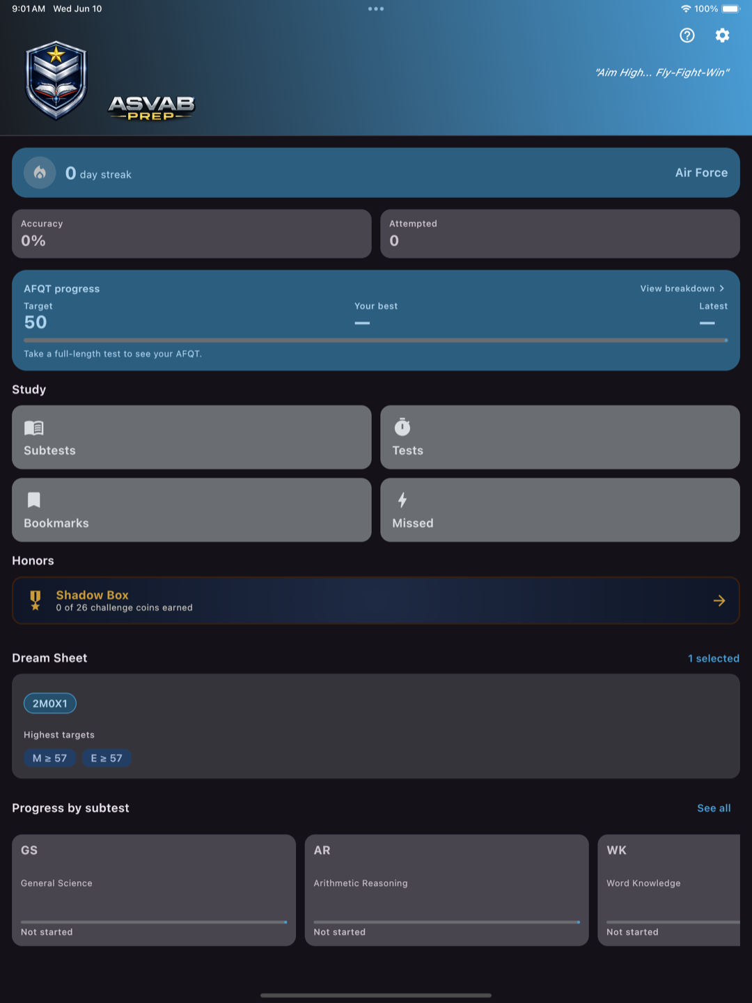ASVAB Prep on iPad — dashboard with AFQT progress, streak, and progress by subtest