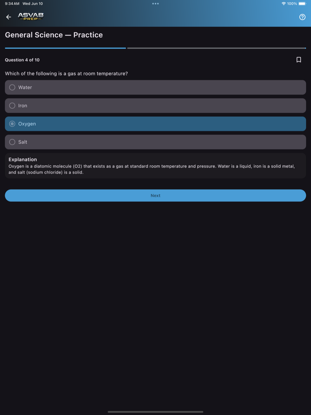ASVAB Prep on iPad — practice question with multiple choice and an instant explanation