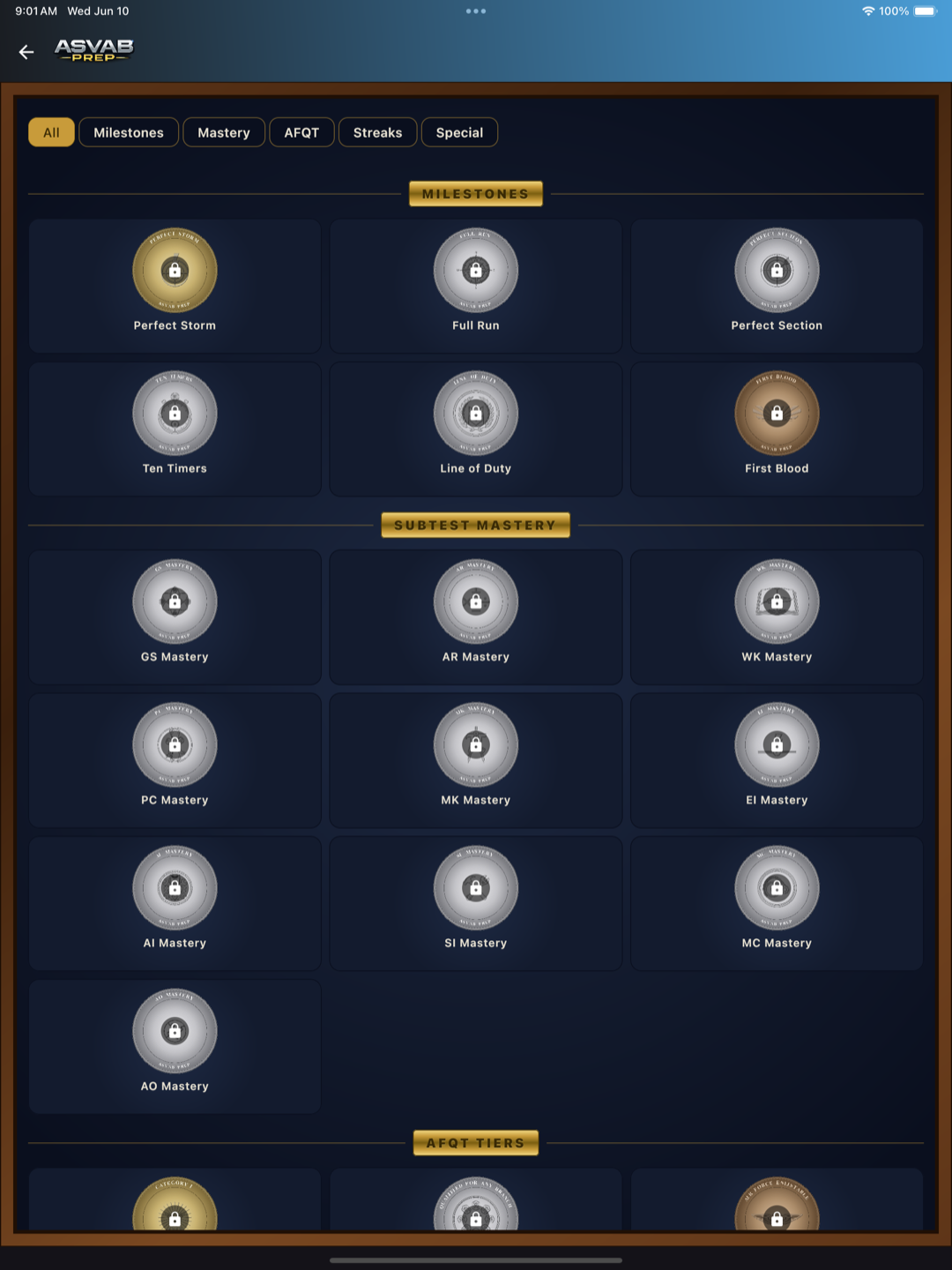ASVAB Prep on iPad — challenge-coin shadow box of milestone, mastery, and AFQT coins