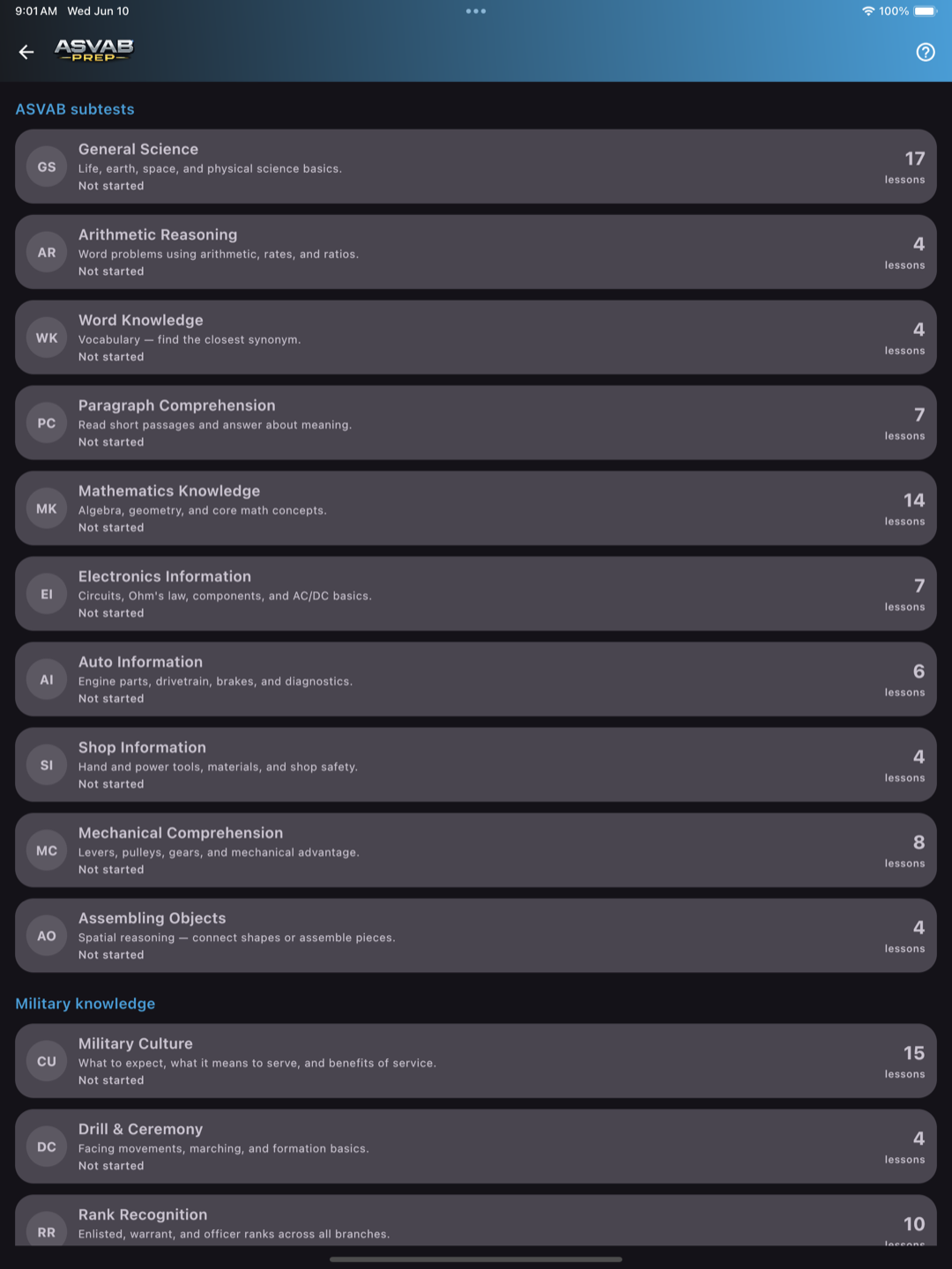 ASVAB Prep on iPad — full list of ASVAB subtests and military-knowledge topics with lesson counts