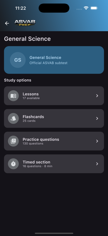 Subtest detail — lessons, flashcards, practice, timed