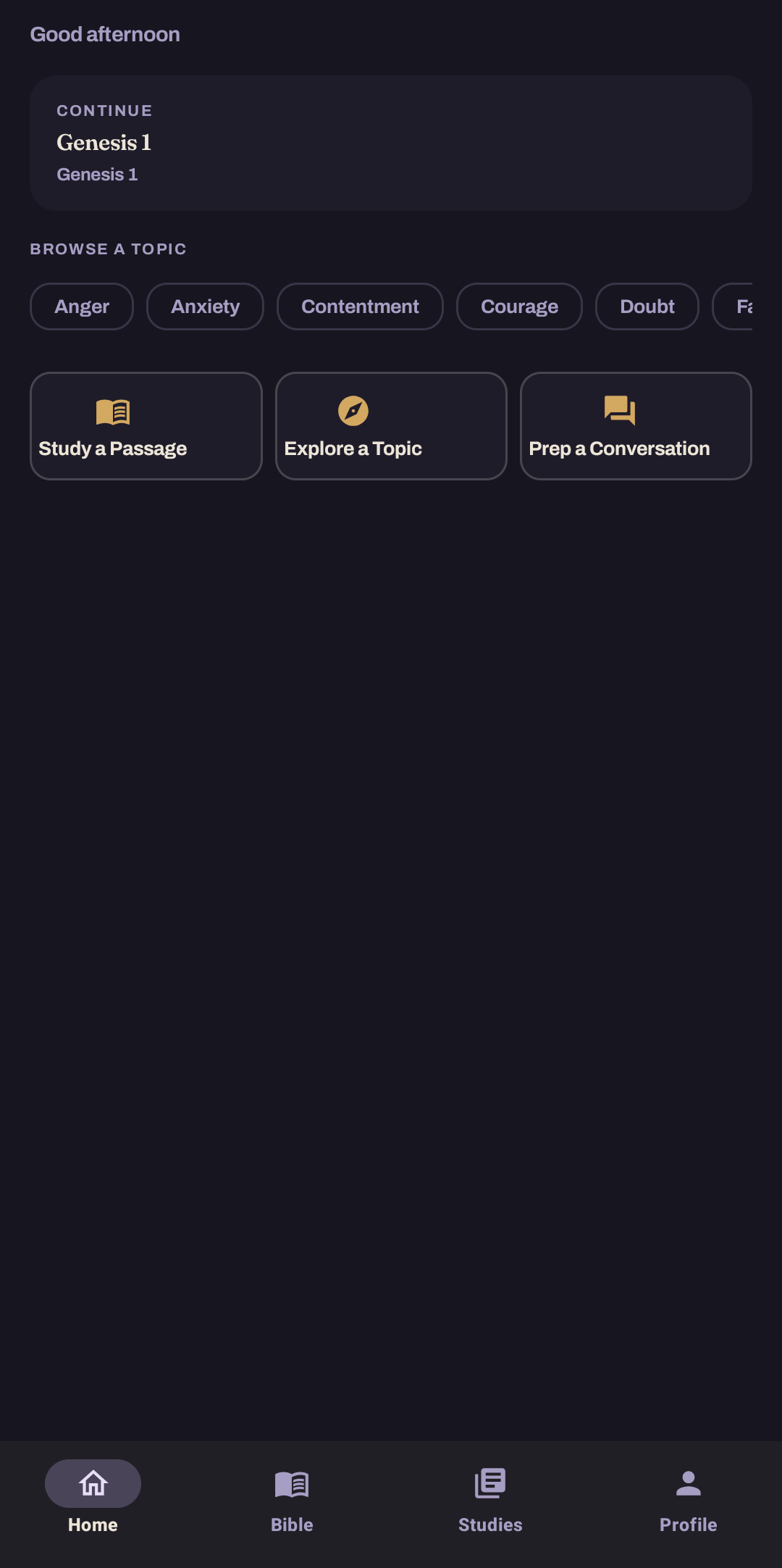 Berea home screen with a continue card, topic chips, and three quick actions