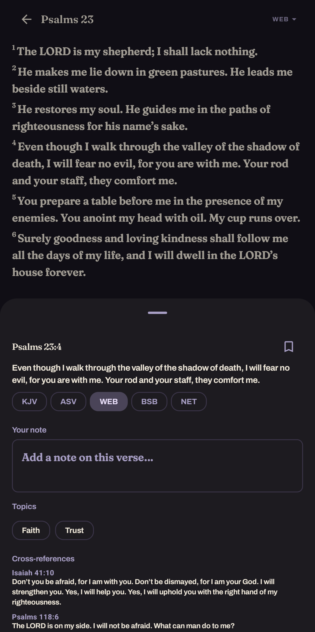 Berea verse detail sheet for Psalm 23:4 showing topics and cross-references