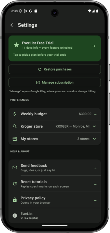 Settings — dark mode