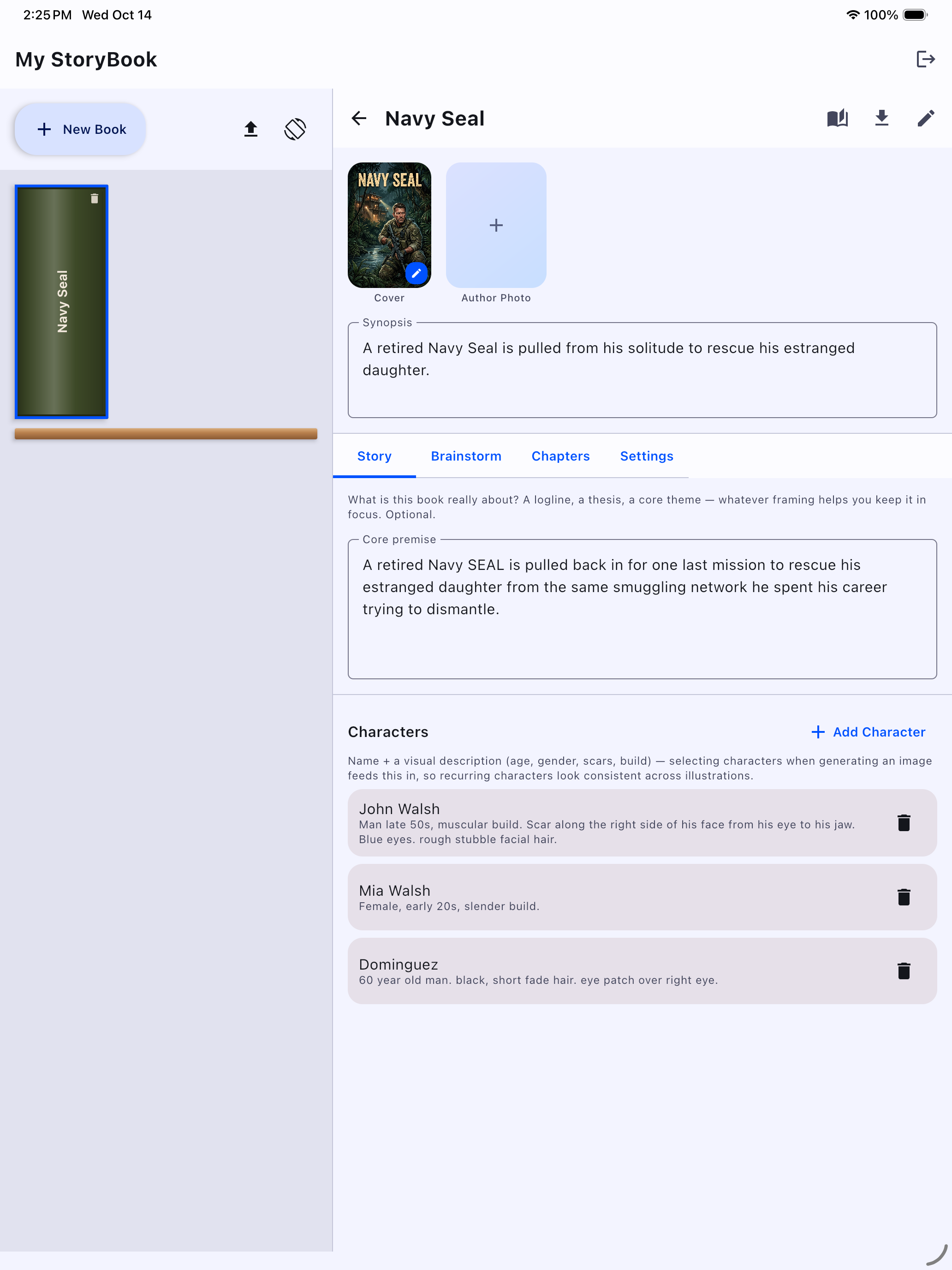 Book workspace showing the Story tab with core premise and characters on iPad