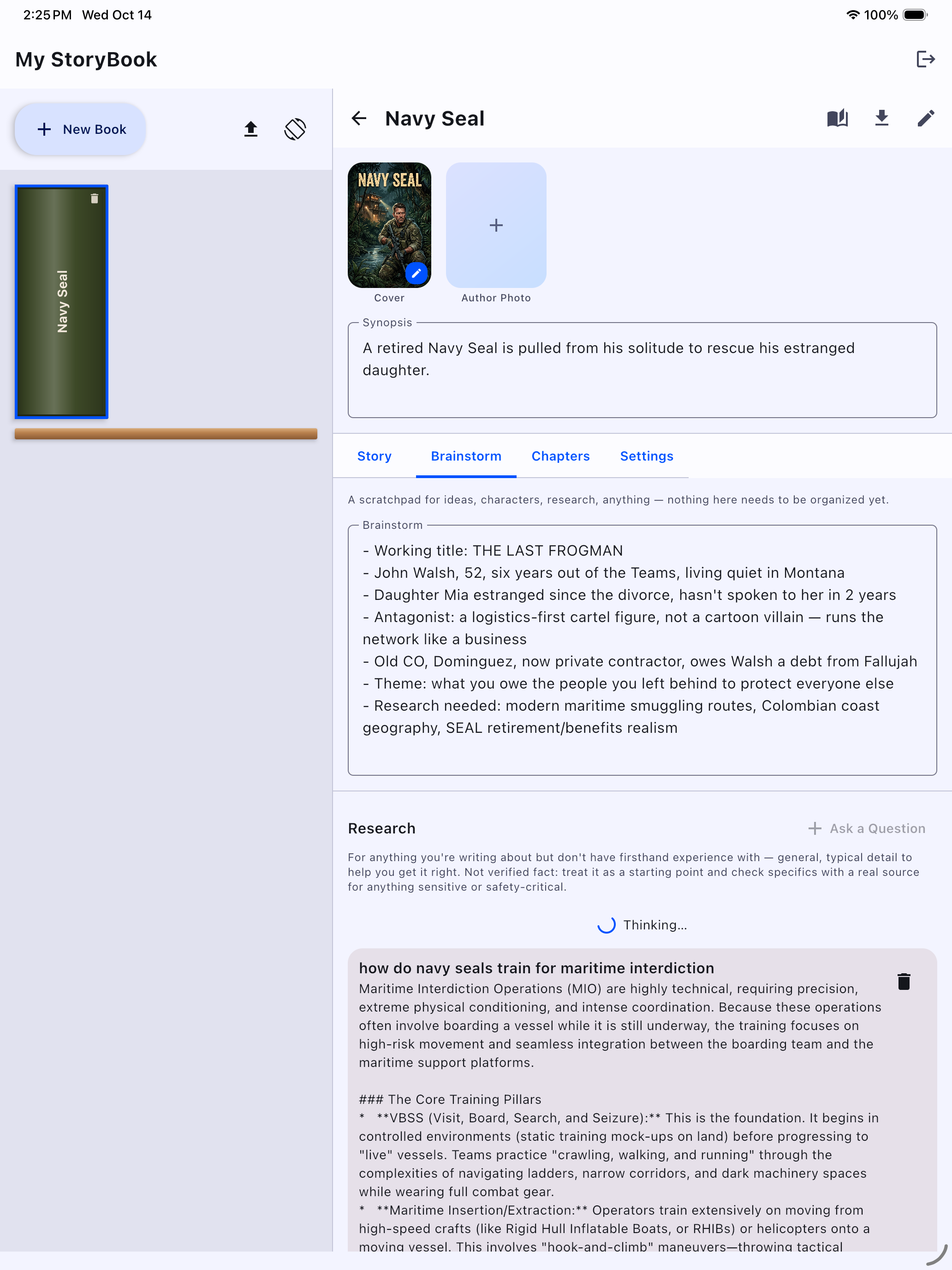 Book workspace showing the Brainstorm tab with a Research Assistant answer on iPad