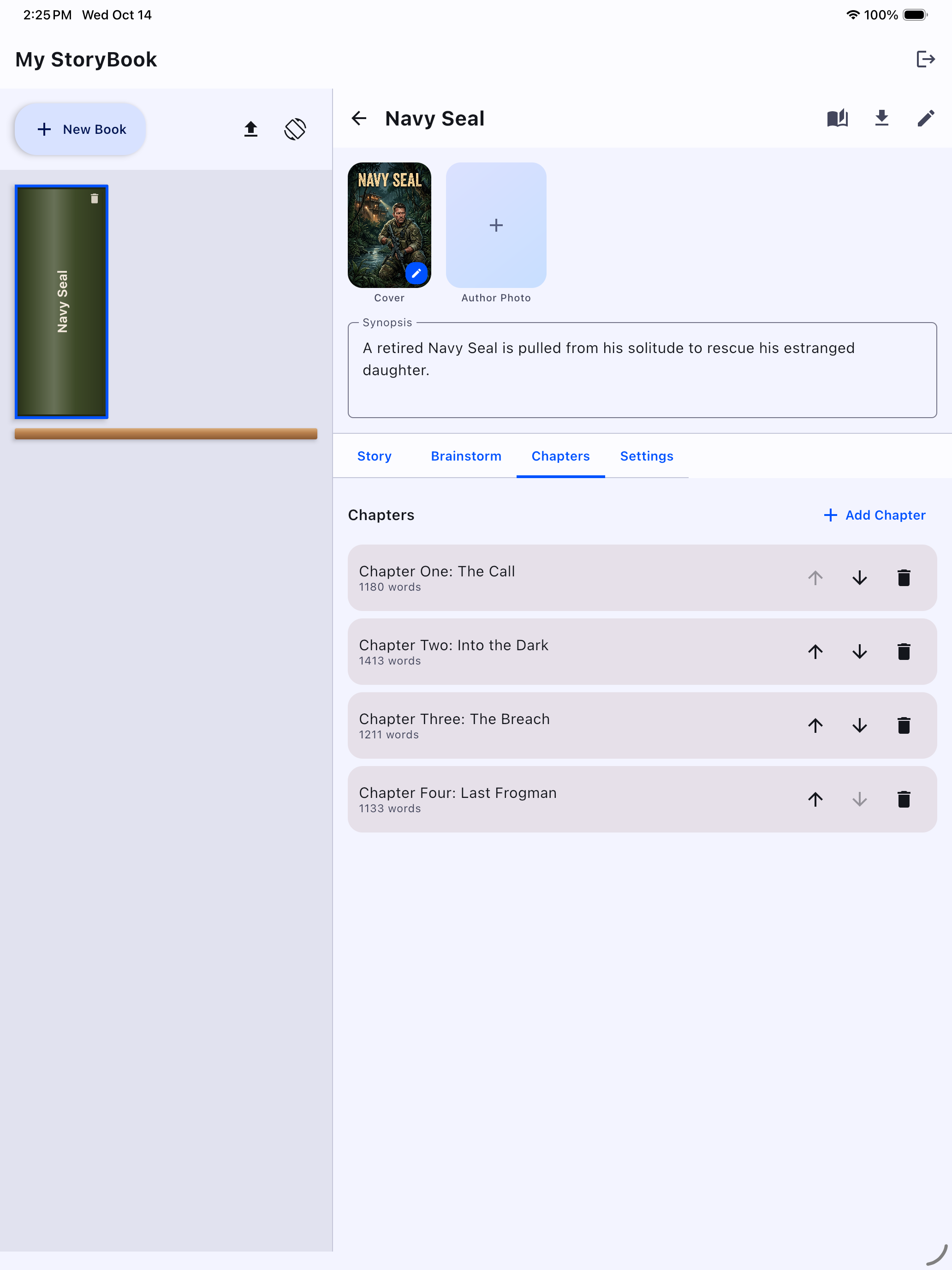 Book workspace showing the Chapters tab with a chapter list on iPad