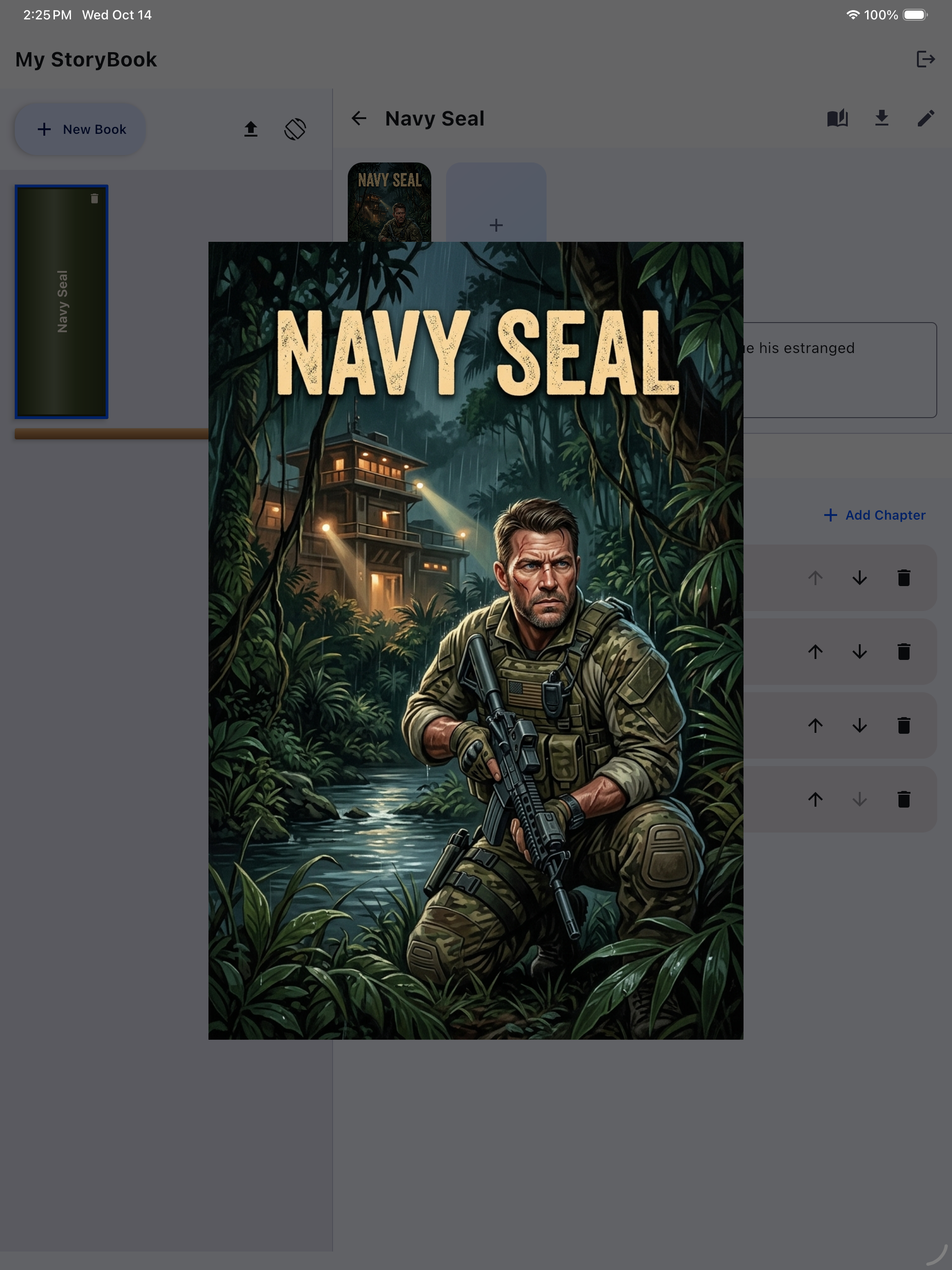 Full-screen preview of an AI-generated book cover on iPad