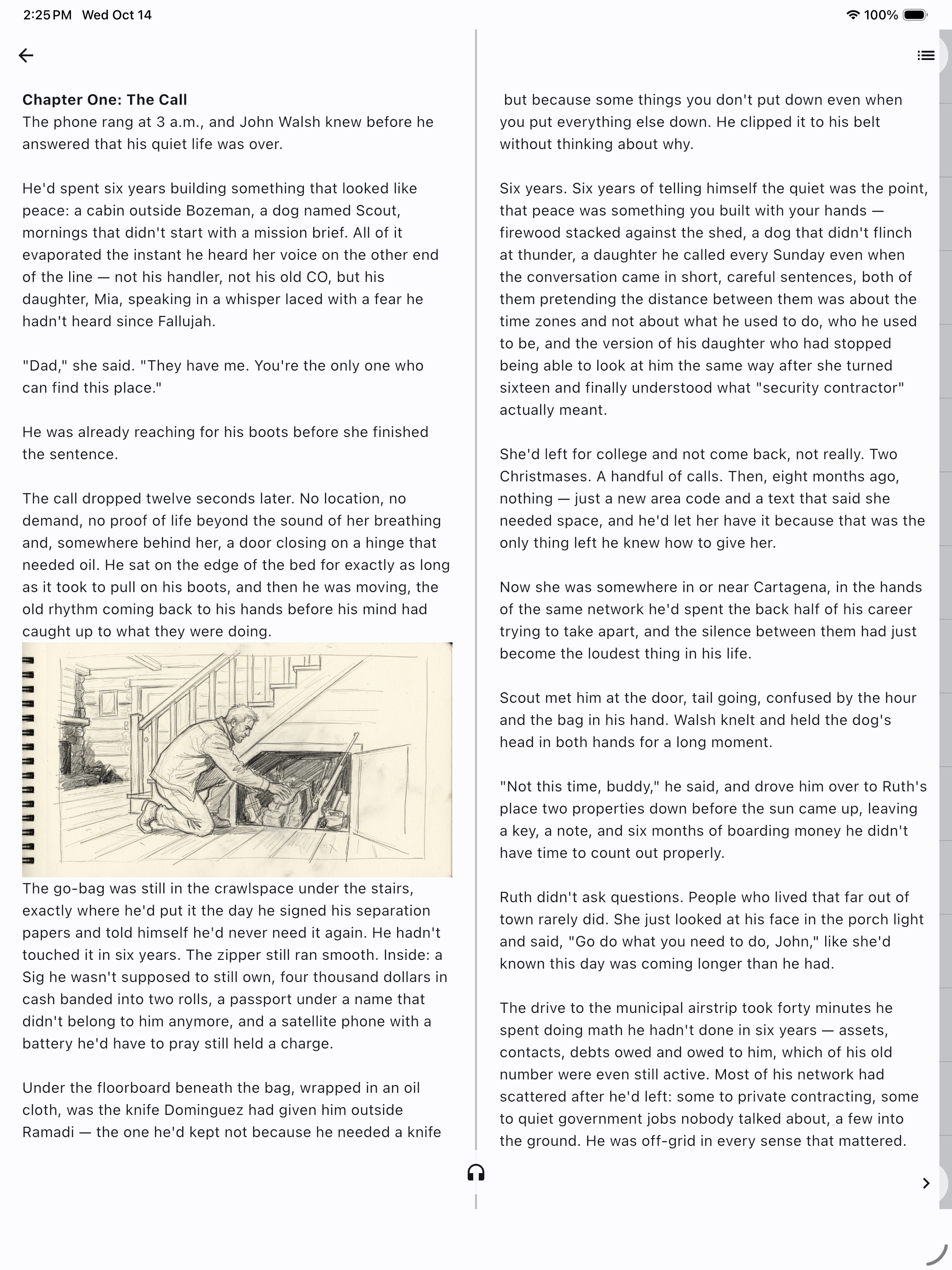 Two-page spread reader with a hand-drawn AI-generated illustration on iPad