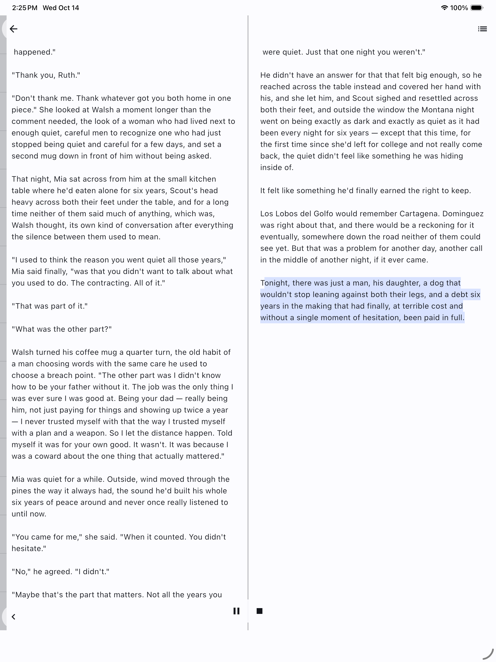 iPad reader with read-aloud playing and the current sentence highlighted