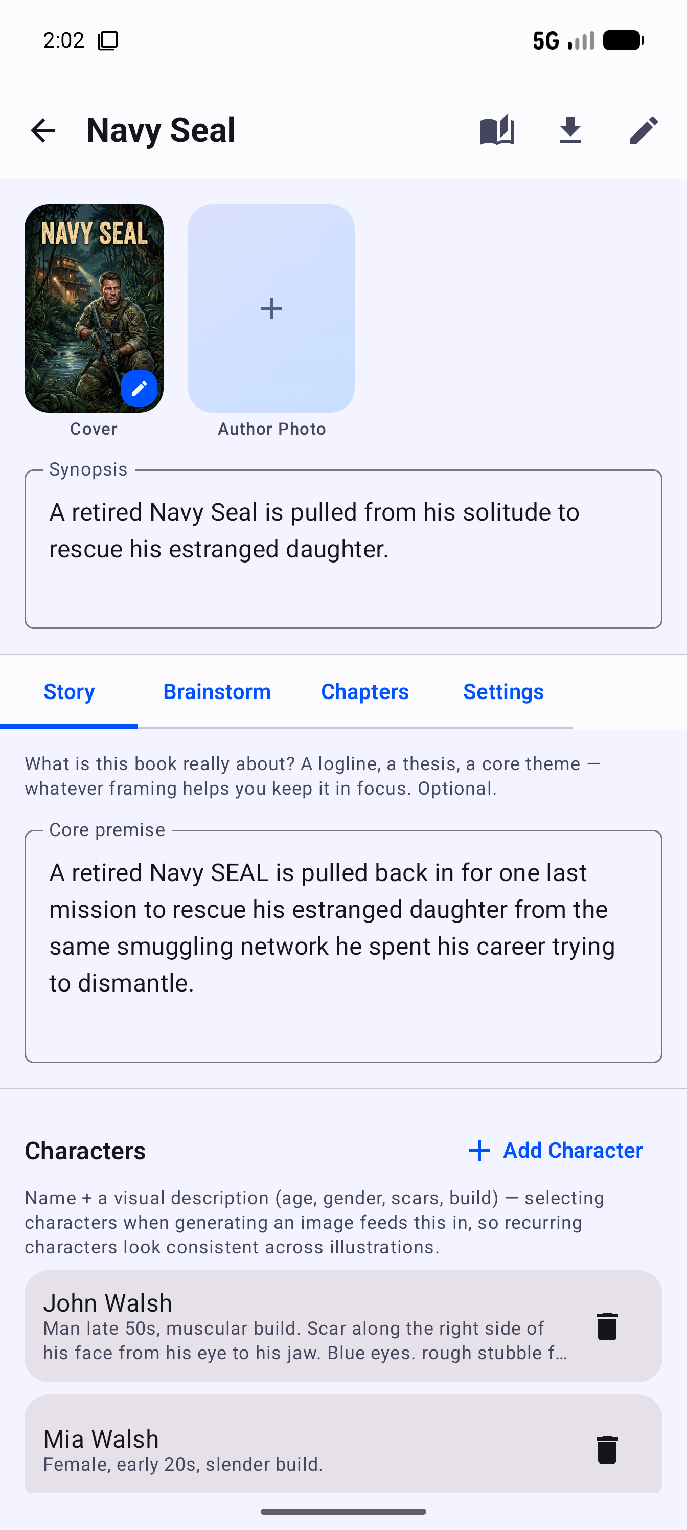 Book workspace showing the Story tab on Android phone