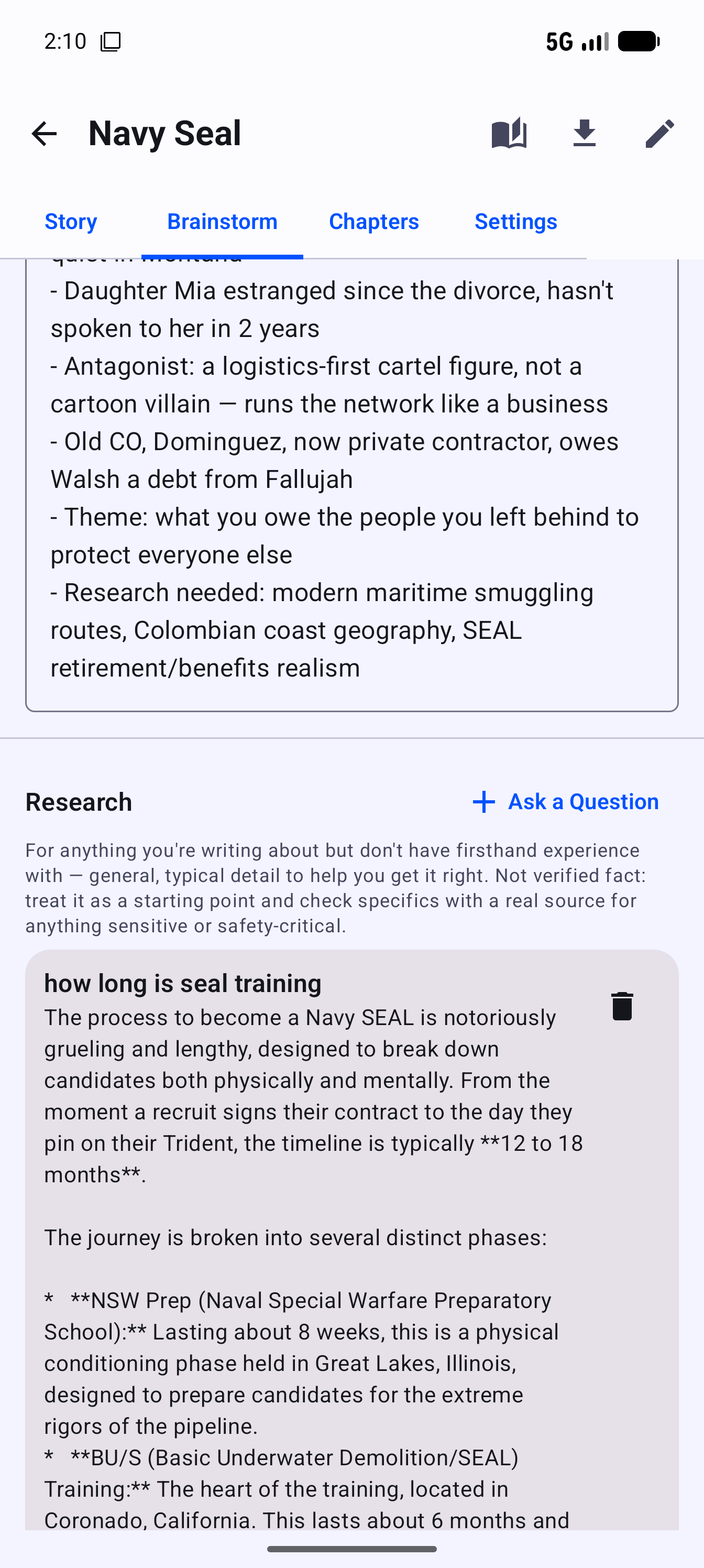 Book workspace showing the Brainstorm tab with a Research Assistant answer on Android phone