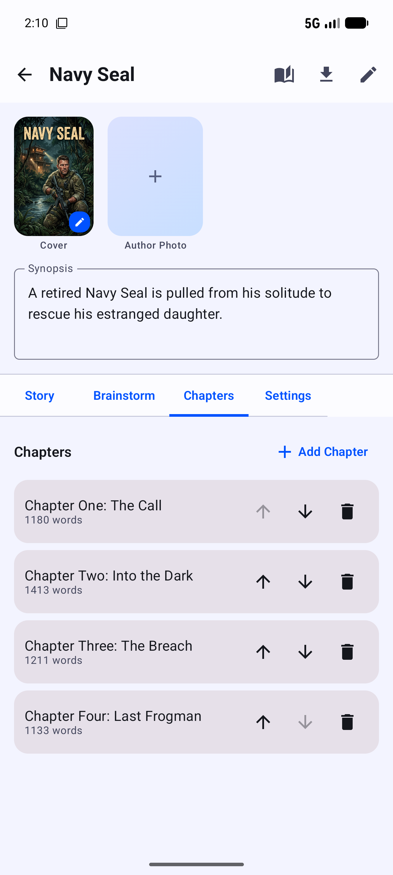 Book workspace showing the Chapters tab on Android phone