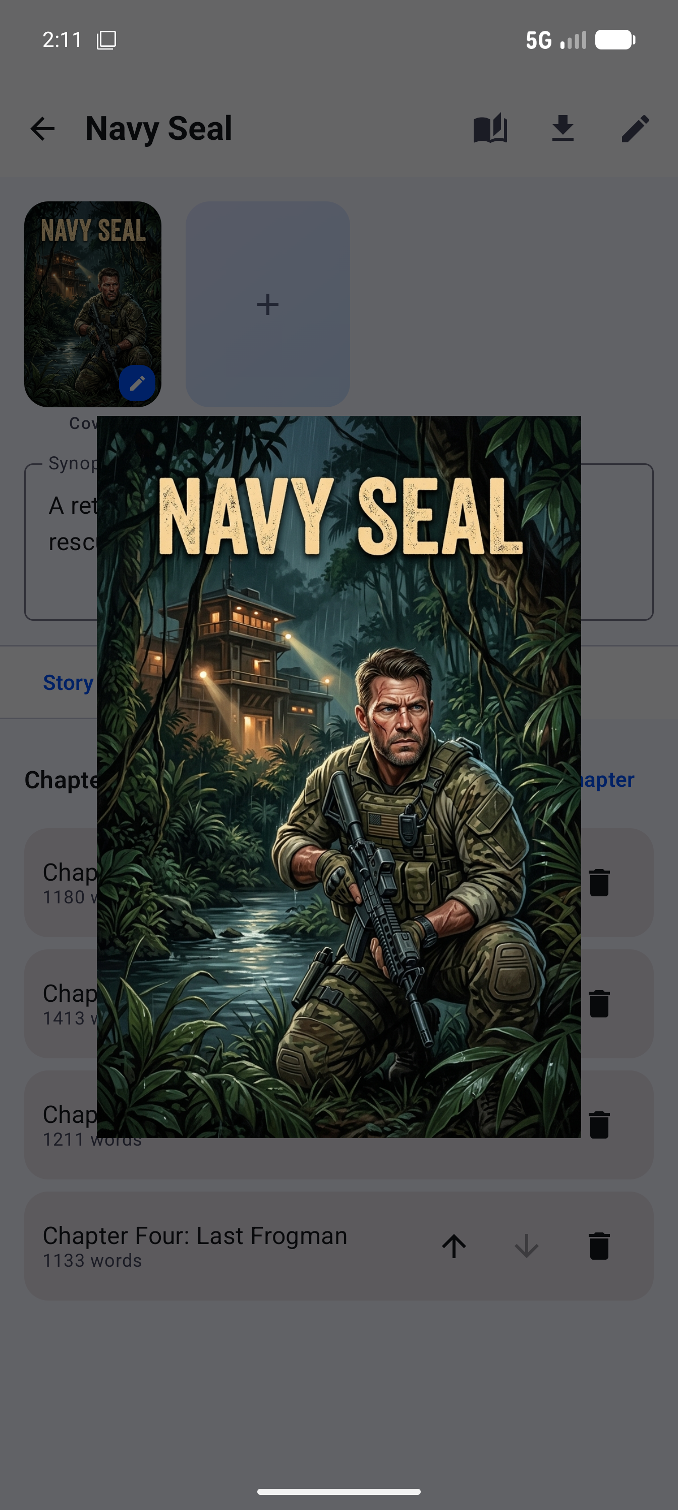 Full-screen preview of an AI-generated book cover on Android phone