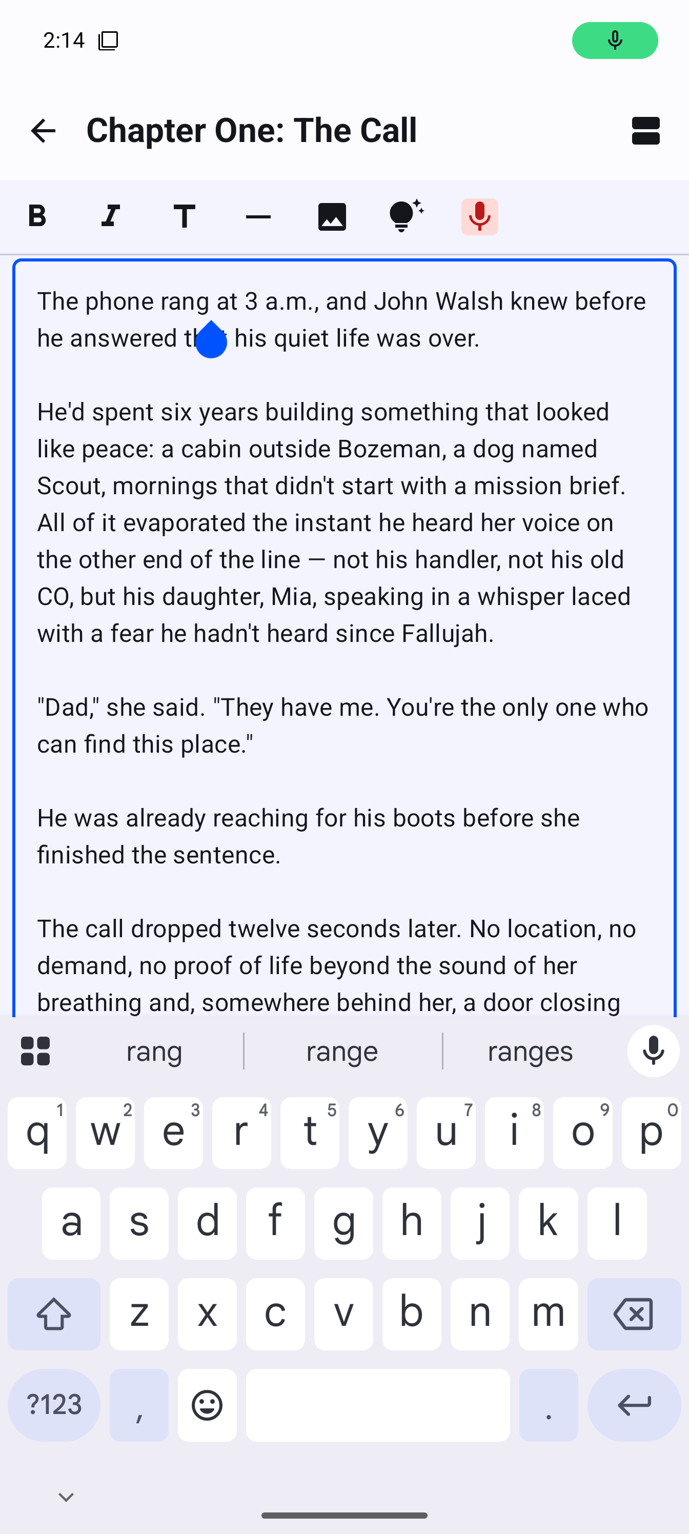 Chapter editor with the dictation mic active on Android phone