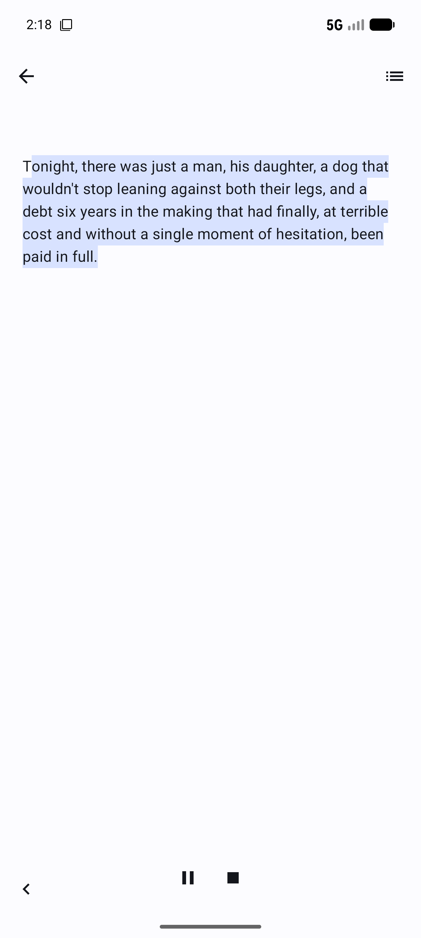 Android phone reader with read-aloud playing and the current sentence highlighted