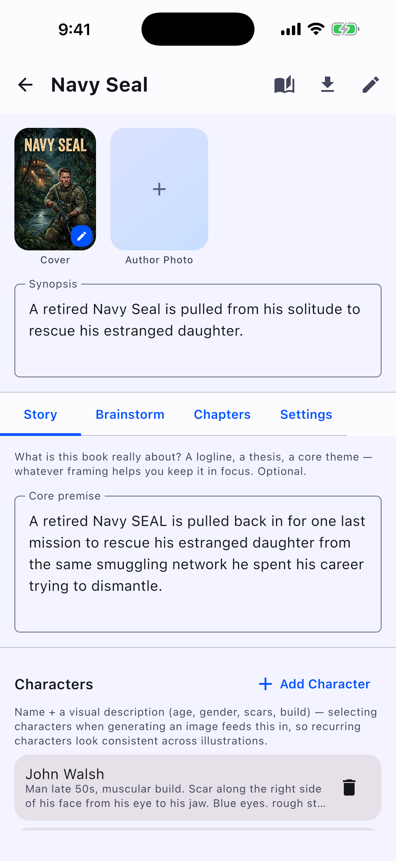 Book workspace showing the Story tab on iPhone