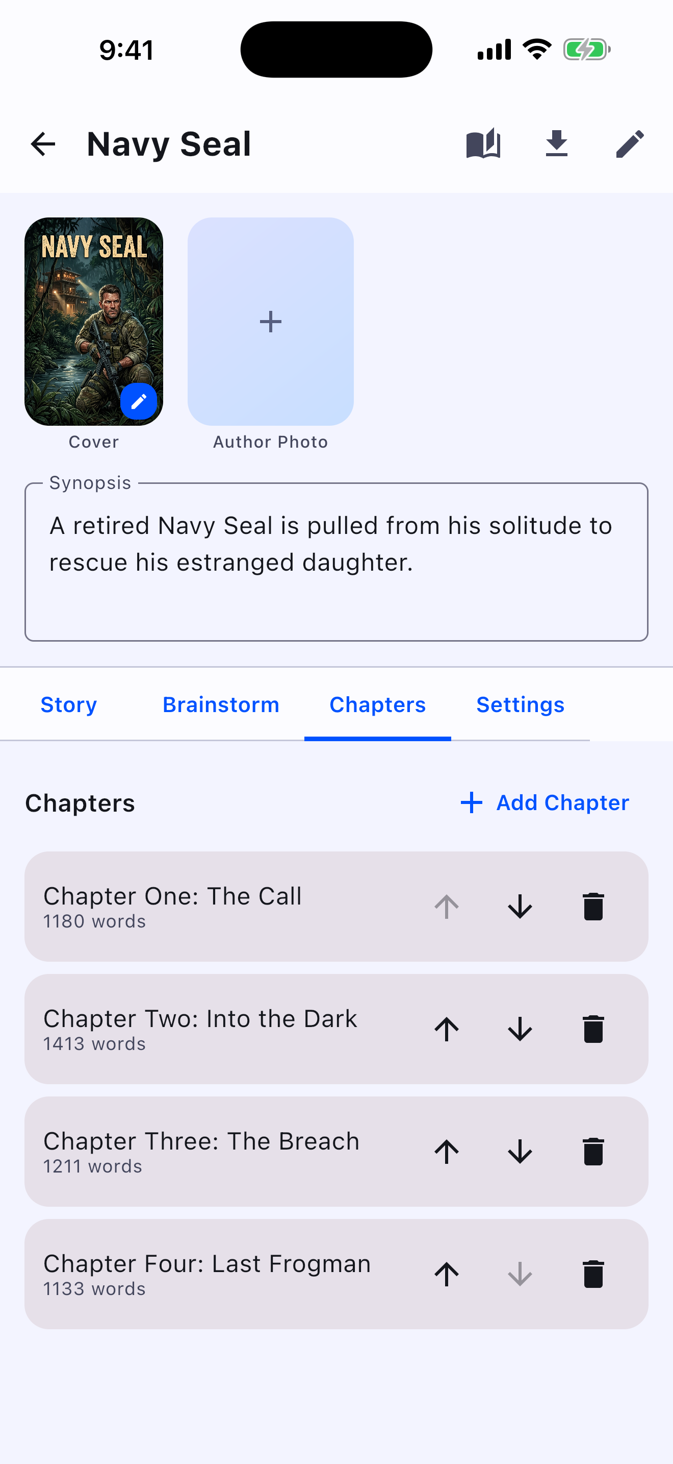 Book workspace showing the Chapters tab on iPhone