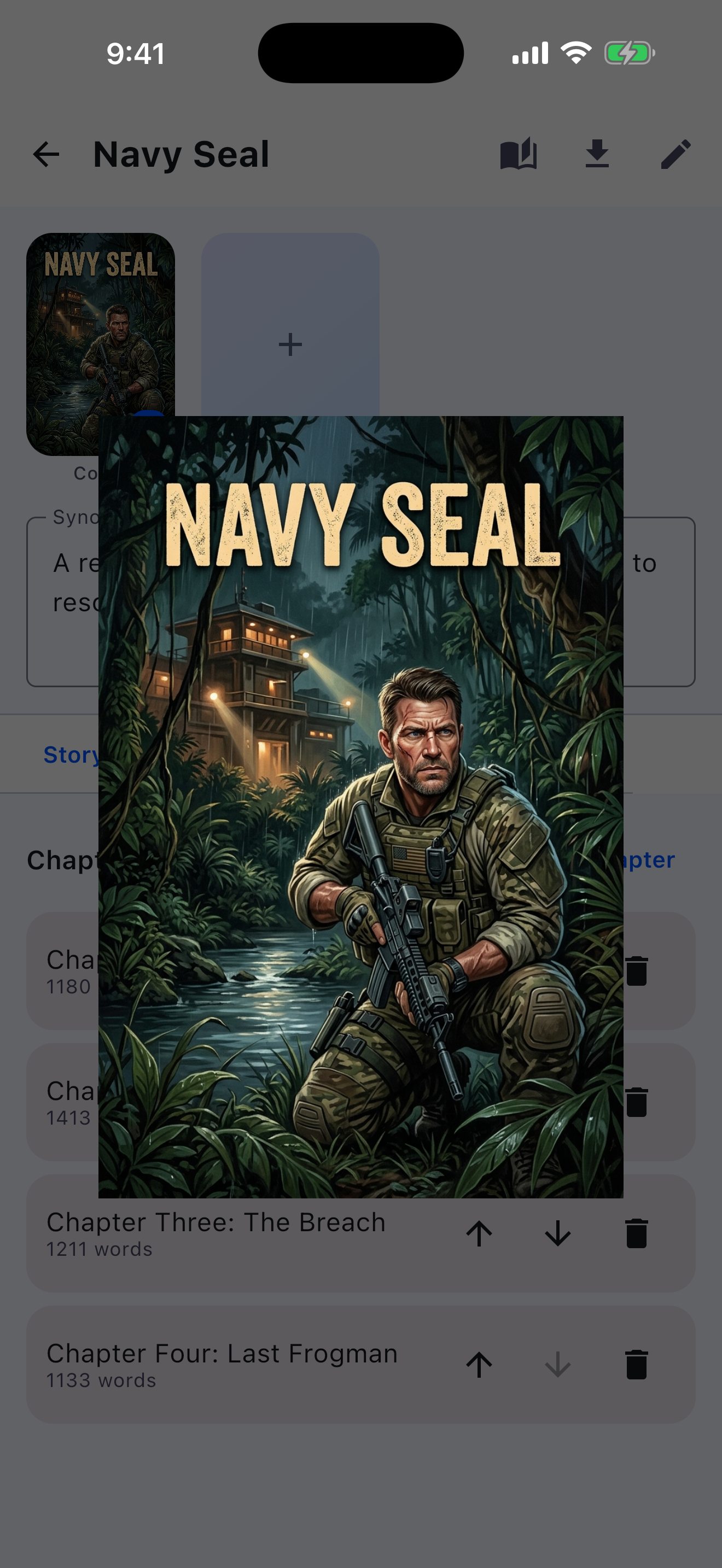 Full-screen preview of an AI-generated book cover on iPhone