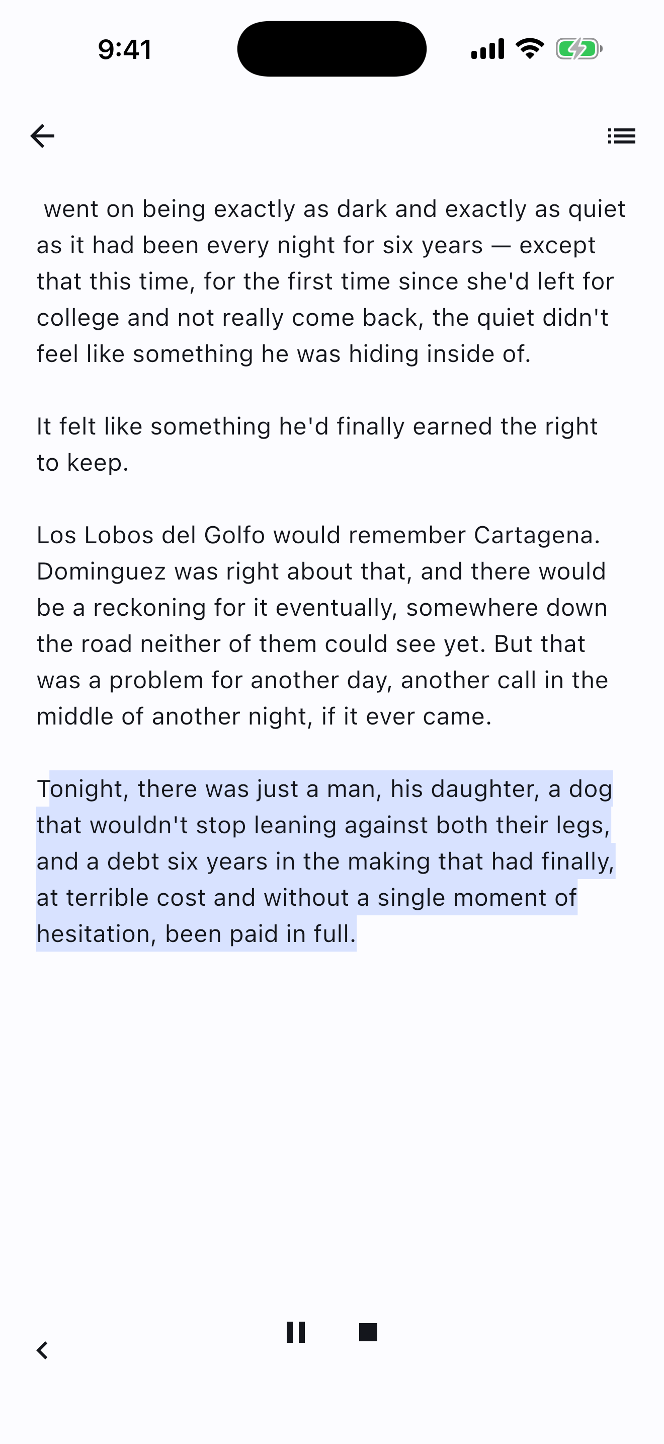 iPhone reader with read-aloud playing and the current sentence highlighted