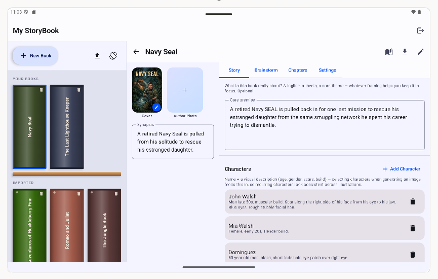 Book workspace showing the Story tab with core premise and characters