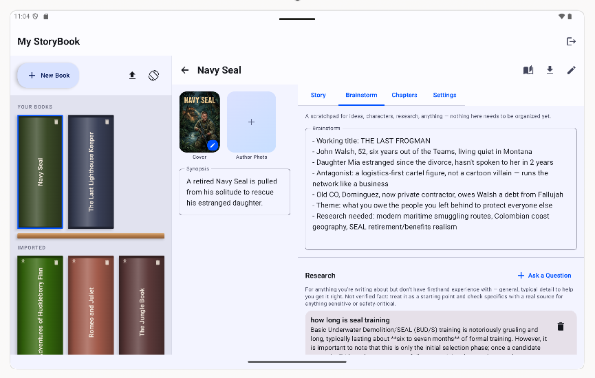 Book workspace showing the Brainstorm tab with a Research Assistant answer
