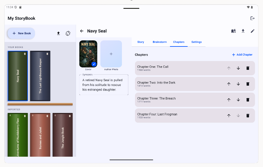 Book workspace showing the Chapters tab with a chapter list