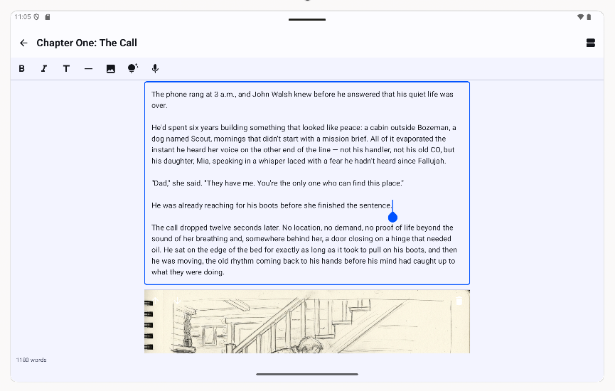 Chapter editor with the dictation mic and rich-text toolbar
