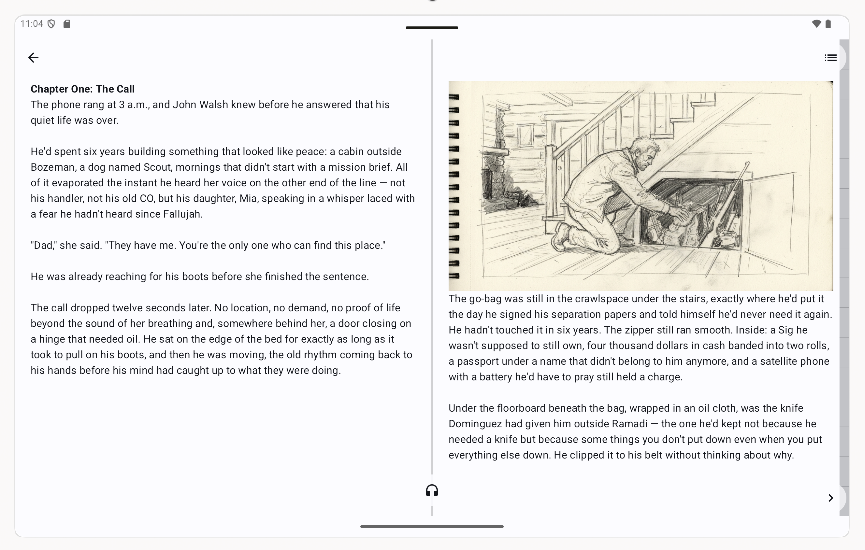 Two-page spread reader with a hand-drawn AI-generated illustration