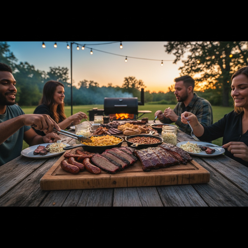 Backyard BBQ cookout with friends at sunset