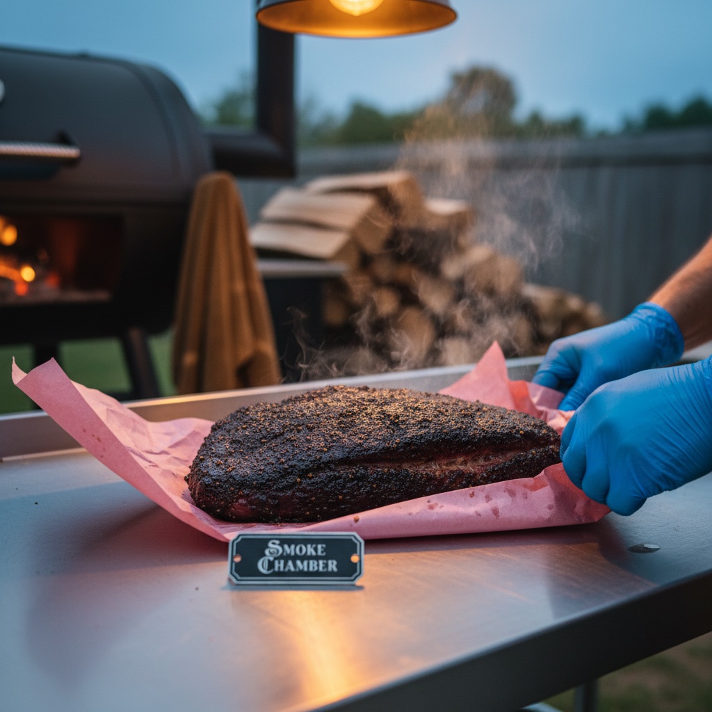 Pitmaster wrapping a brisket in pink butcher paper