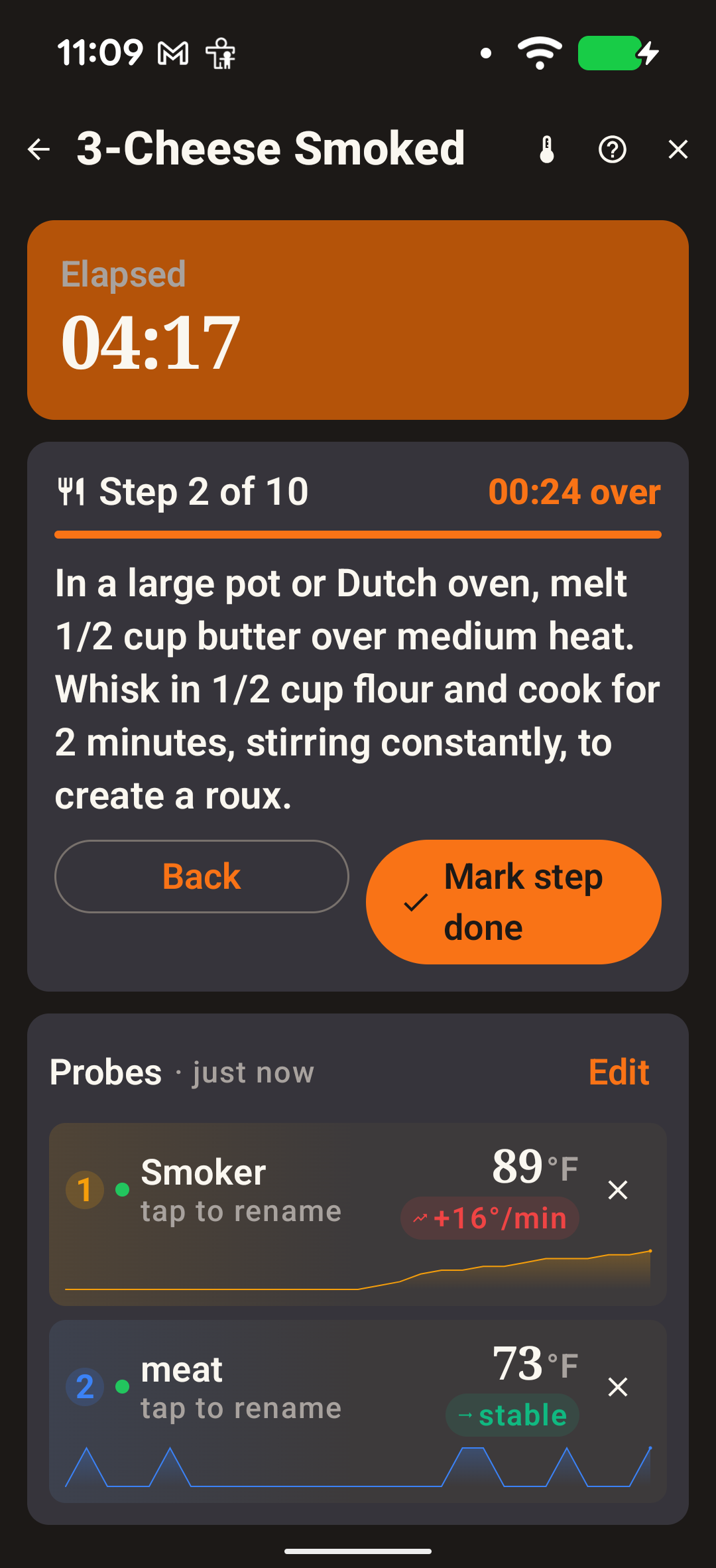 Active cook with two bound Bluetooth probes — Smoker at 89°F rising, meat at 73°F stable, each with a sparkline