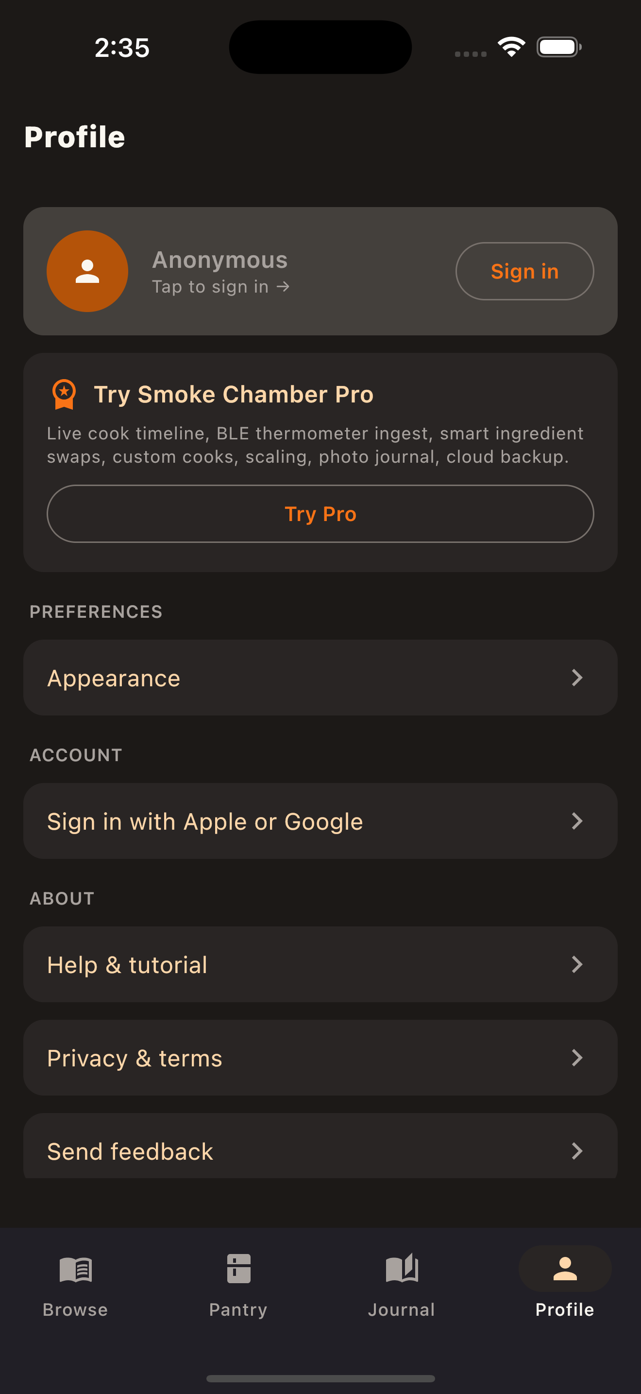 Profile screen