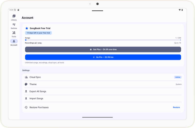 Tablet account light