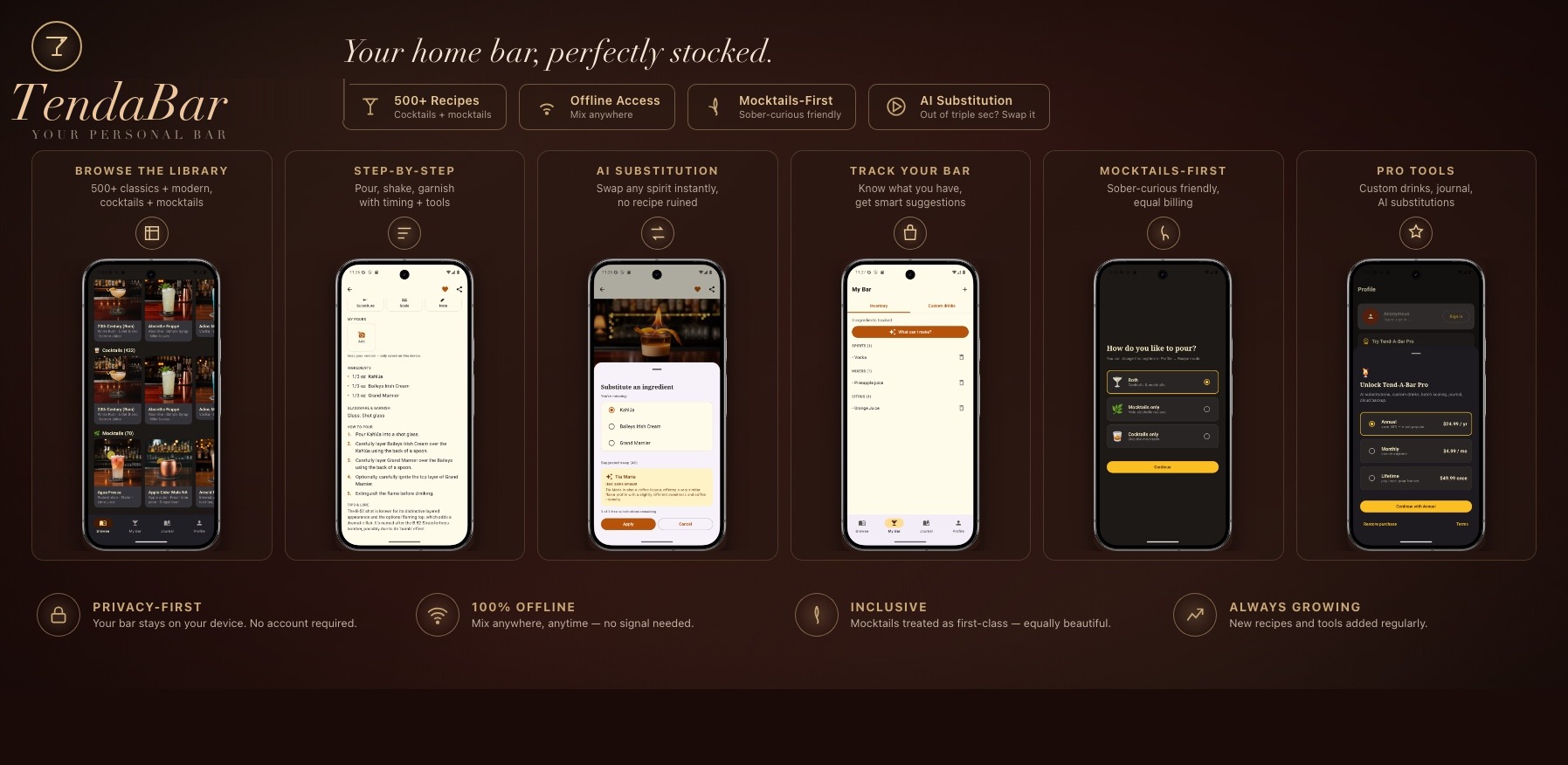 TendaBar feature overview: 500+ recipes, ingredient swaps, bar tracking, mocktails-first