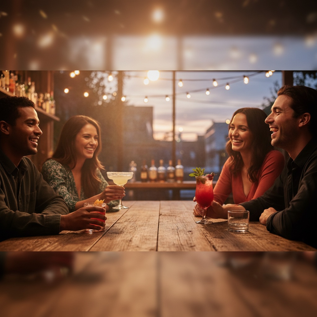 Friends sharing cocktails and mocktails at sunset
