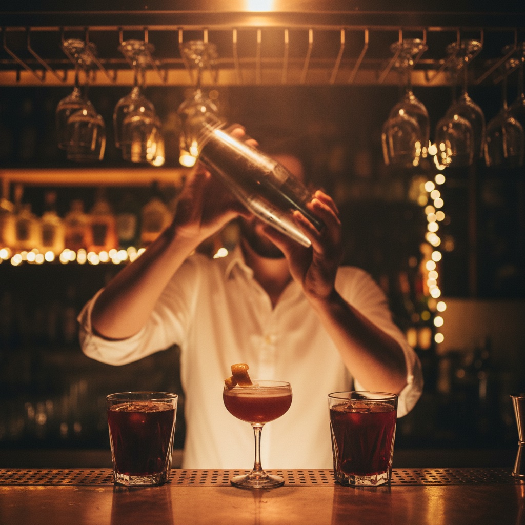 Bartender mid-shake at a warm-lit home bar