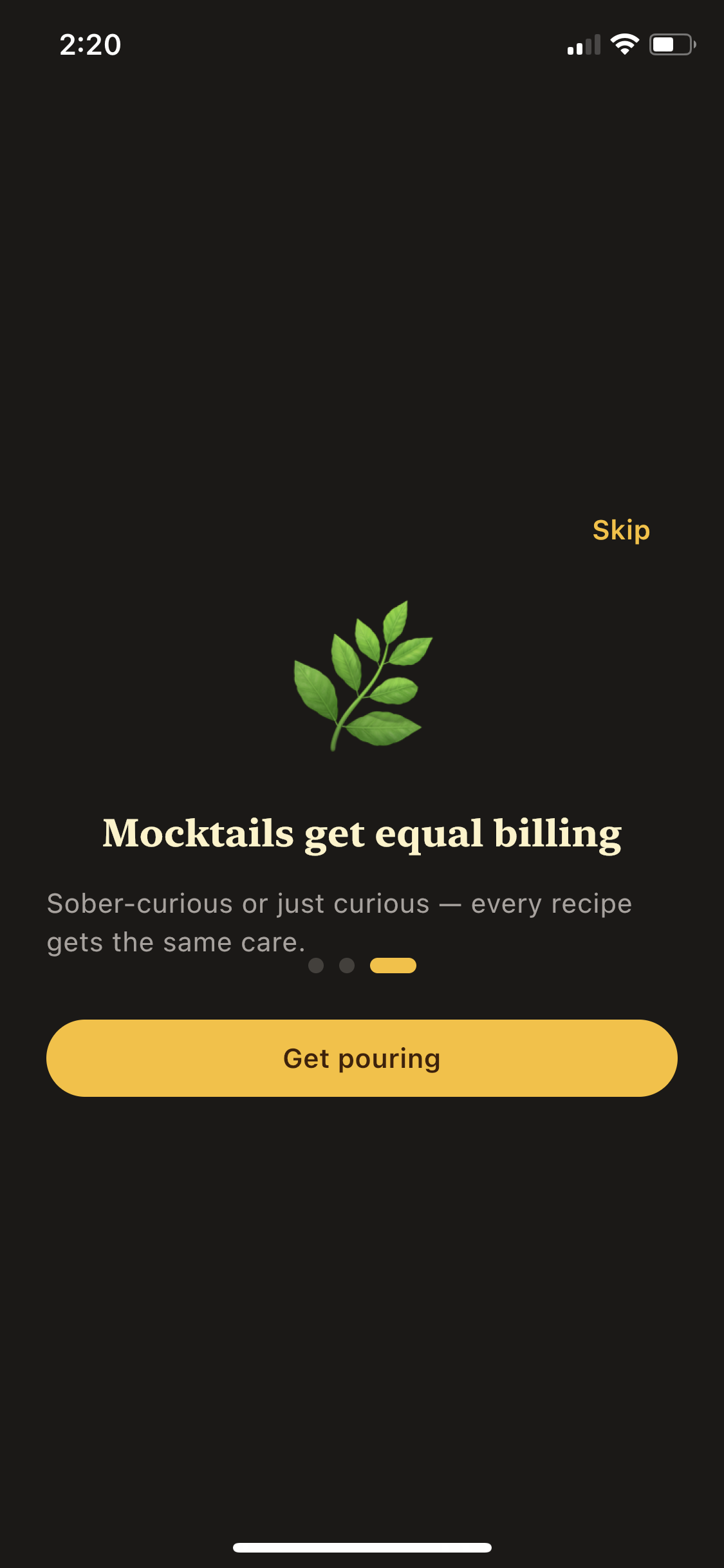 Onboarding — mocktails get equal billing