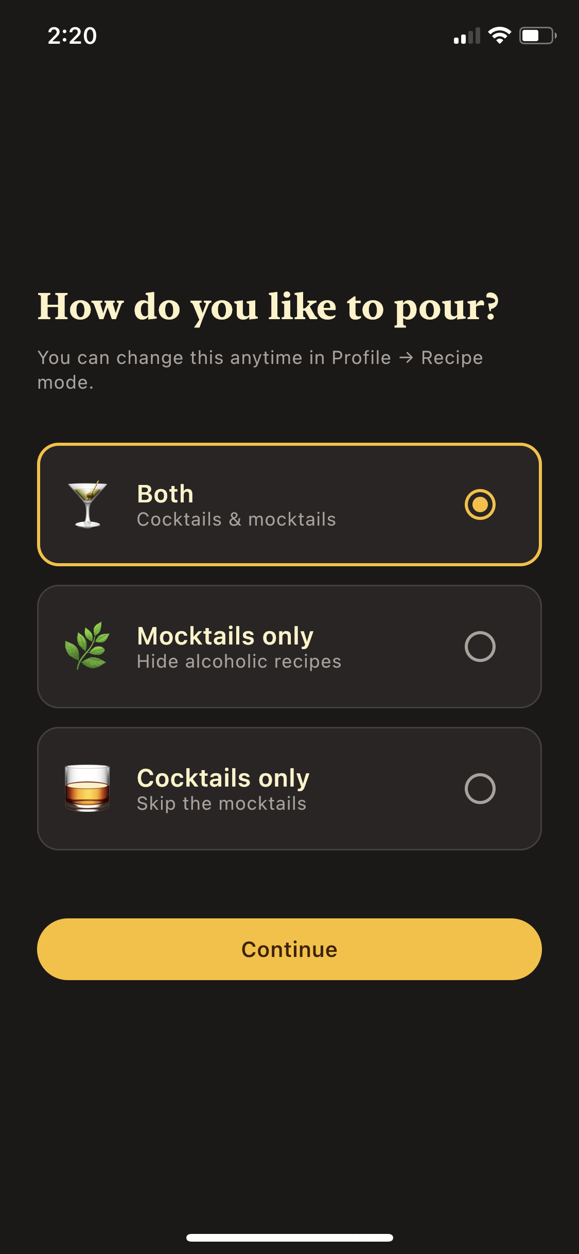 Recipe mode picker