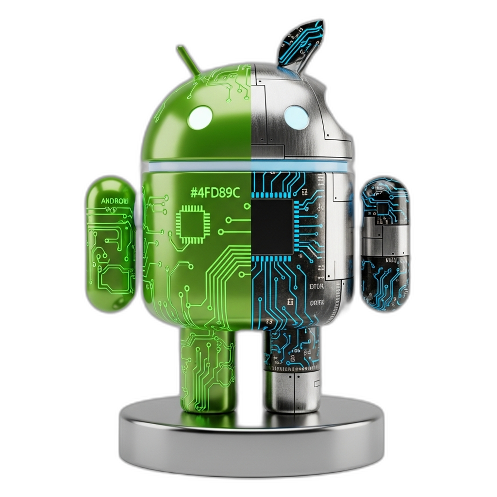 VinTEK Solutions mascot &mdash; an Android/Apple hybrid robot character representing the studio's cross-platform stack